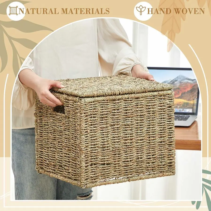 Organizadores de cajas de archivos de algas marinas, cestas de archivos decorativas para carpetas colgantes, archivador con tapa, documento plegable de tamaño carta