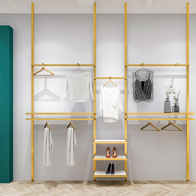 

Стеллажи для магазинов одежды, настенные колонны, вешалки для одежды из нержавеющей стали, титановой матовой проволоки, украшение торгового центра