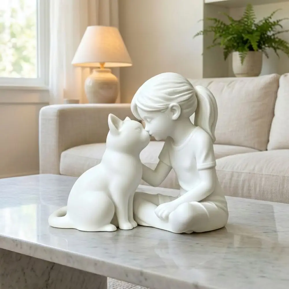 3D Printed Girl and Cat Sculpture Plastic Crafts Girl Cat Friendship Statues Cute Animal Unique Desktop Cat Figurine