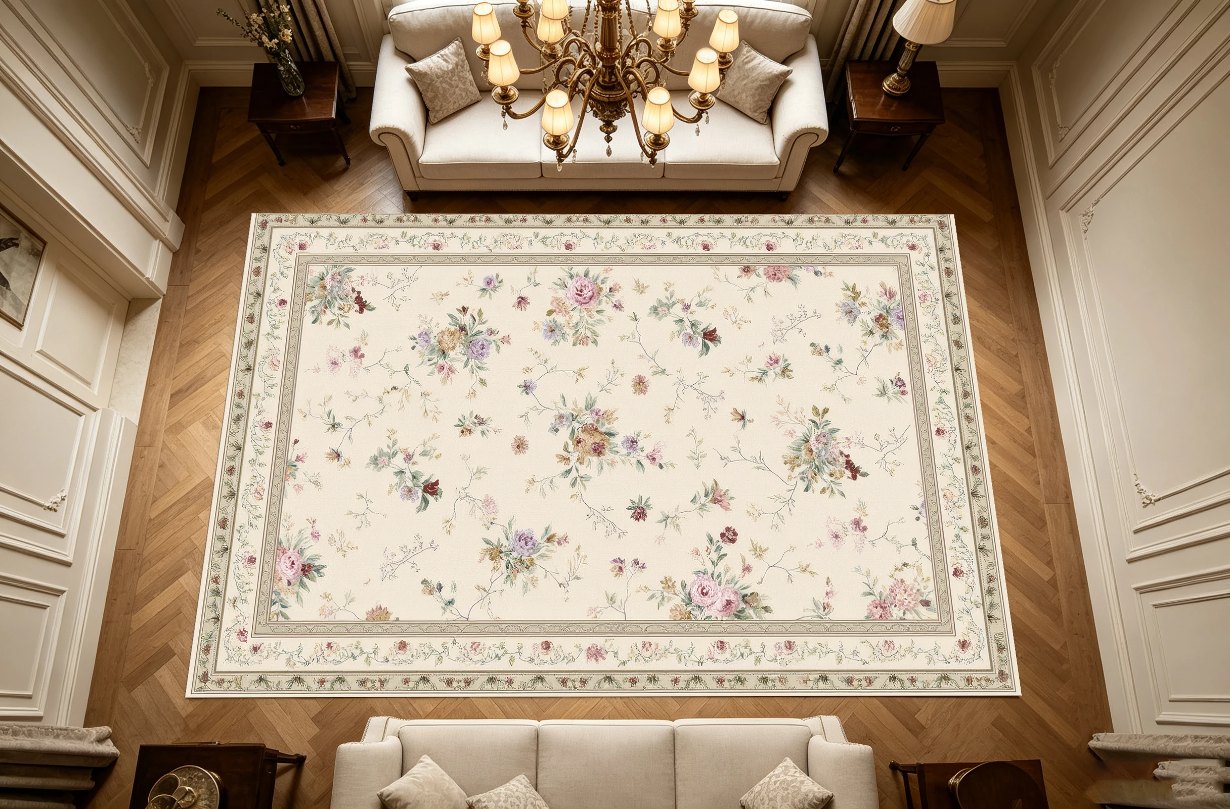 Cream‑Base Pastoral Floral Area Rug, Romantic Scattered Floral Print, for Autumn Winter Home Renovation, Decor for Large Living Room