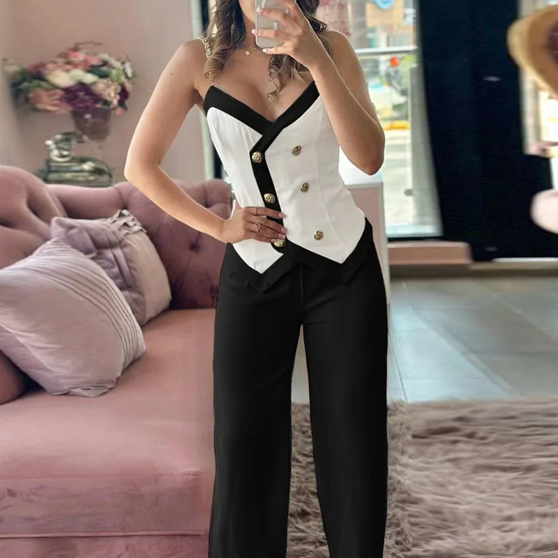 

Sexy Slim Contrast Color Two Piece Set Lady V-neck Sleeveless Suspender Top with Long Pants Suits Casual Club Party Women Outfit