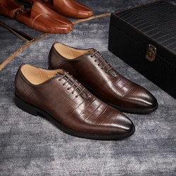 Formal Mens Wedding Shoes Lace Up Pointed Toe Oxford Shoes Genuine Leather Crocodile Print Mens Party Business Dress Shoes