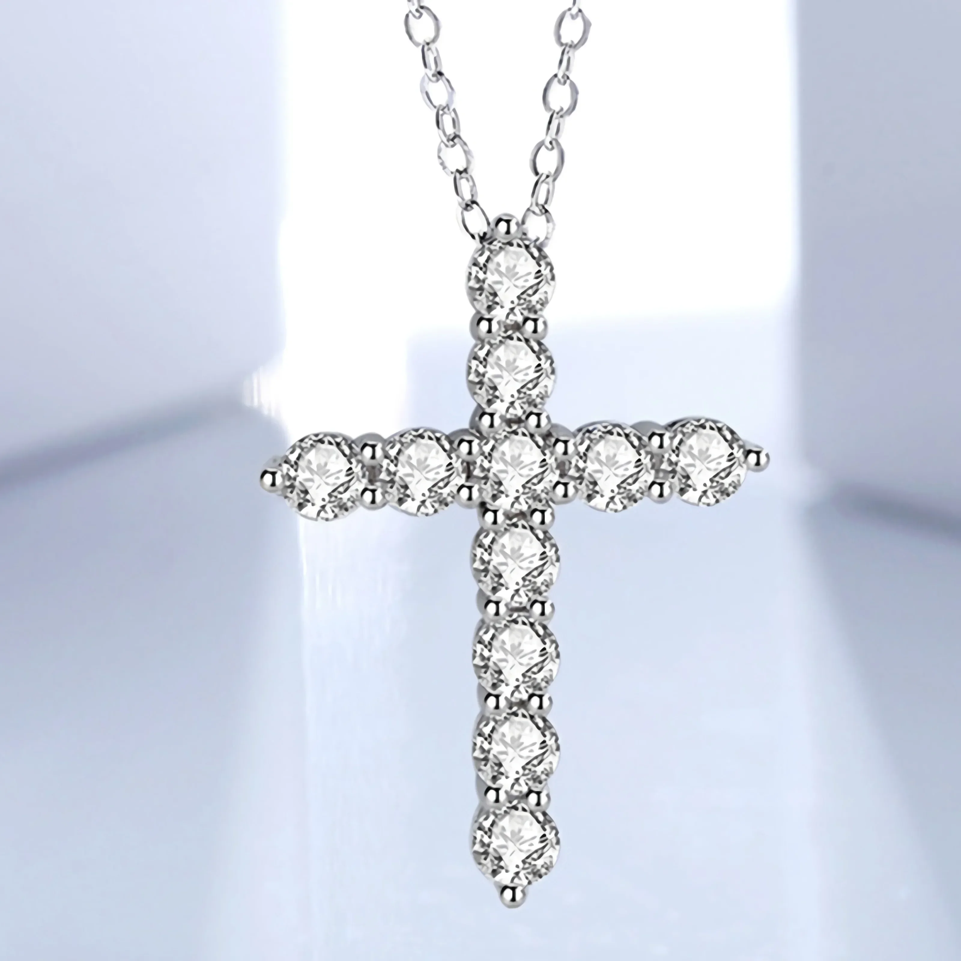 NeeTim 5mm D Color Moissanite Jesus Cross Pendant  for Women Men S925 Silver with White Gold Plated Necklace Wedding Jewelry