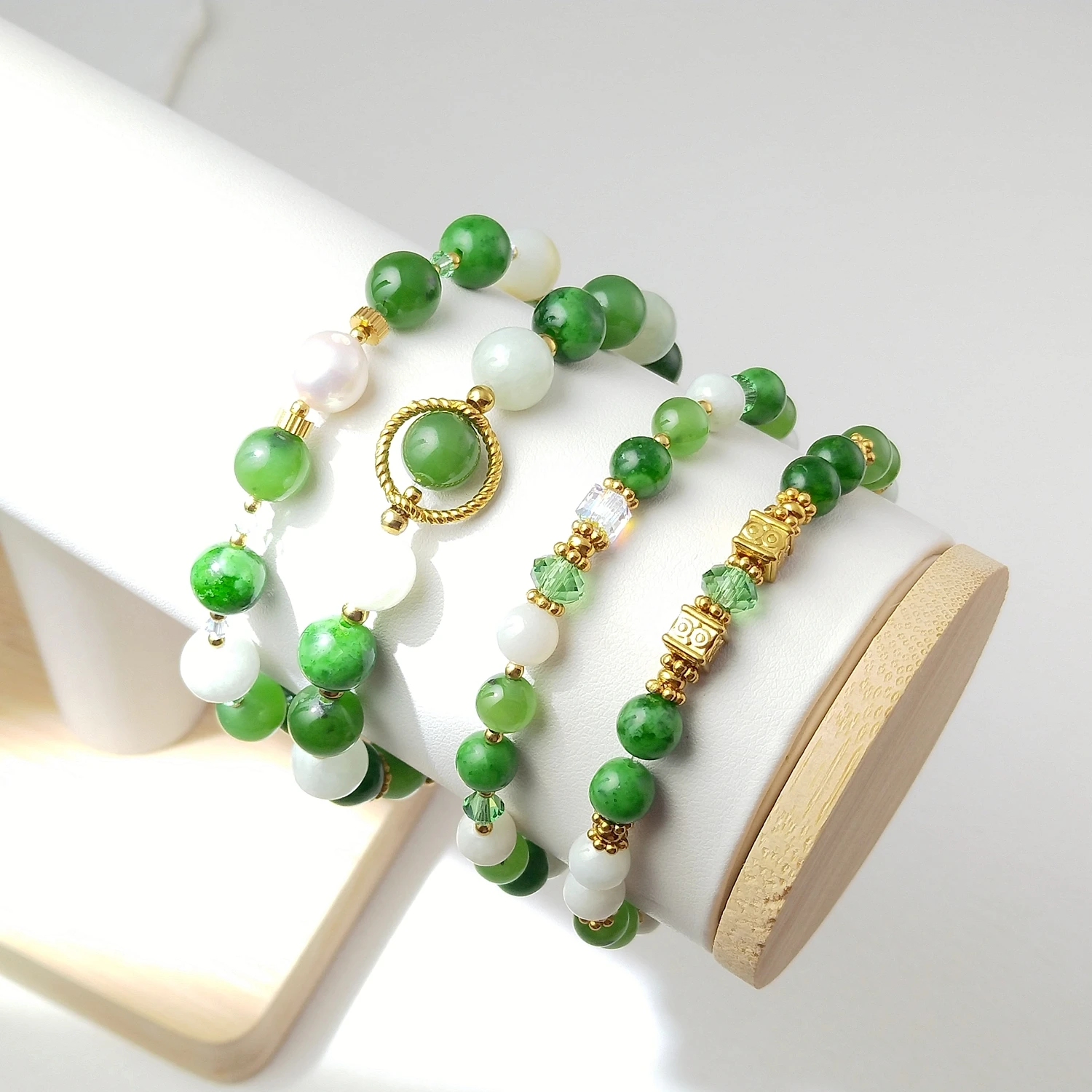 Lii Ji Multi Green Jade 6/8mm With Crystal Stainless Steel Elastic Bracelet