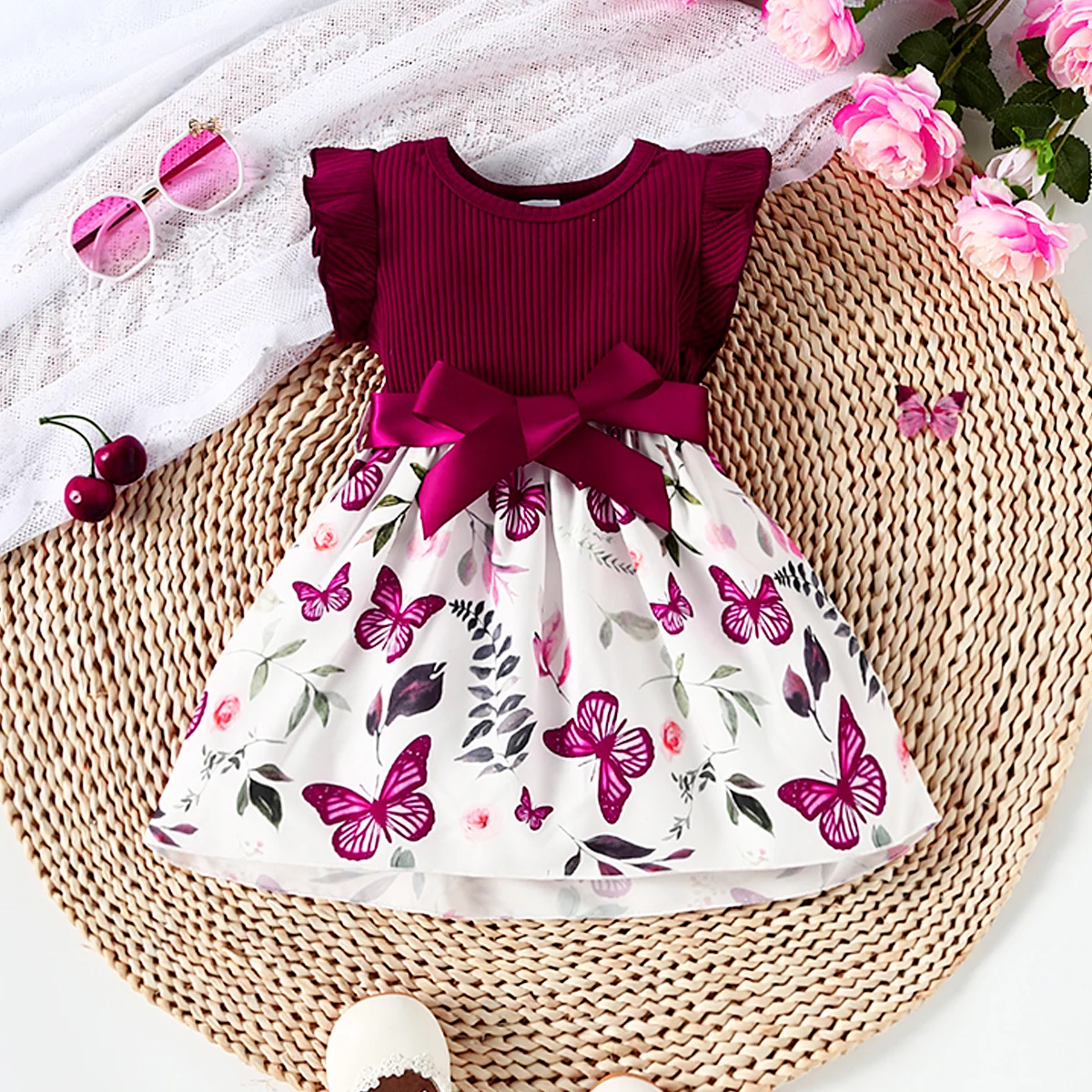 Baby Girl Butterfly and Plant Polka Dot Print Ruffle Sleeve Belt Dress + Ribbon