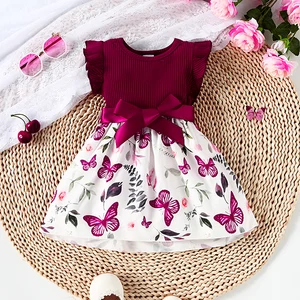 Vestido de cinto de manga com babados e estampa de bolinhas de borboleta e planta para bebê menina + fita 8 principais vendas vestido 1 ano bebe borboleta - №5