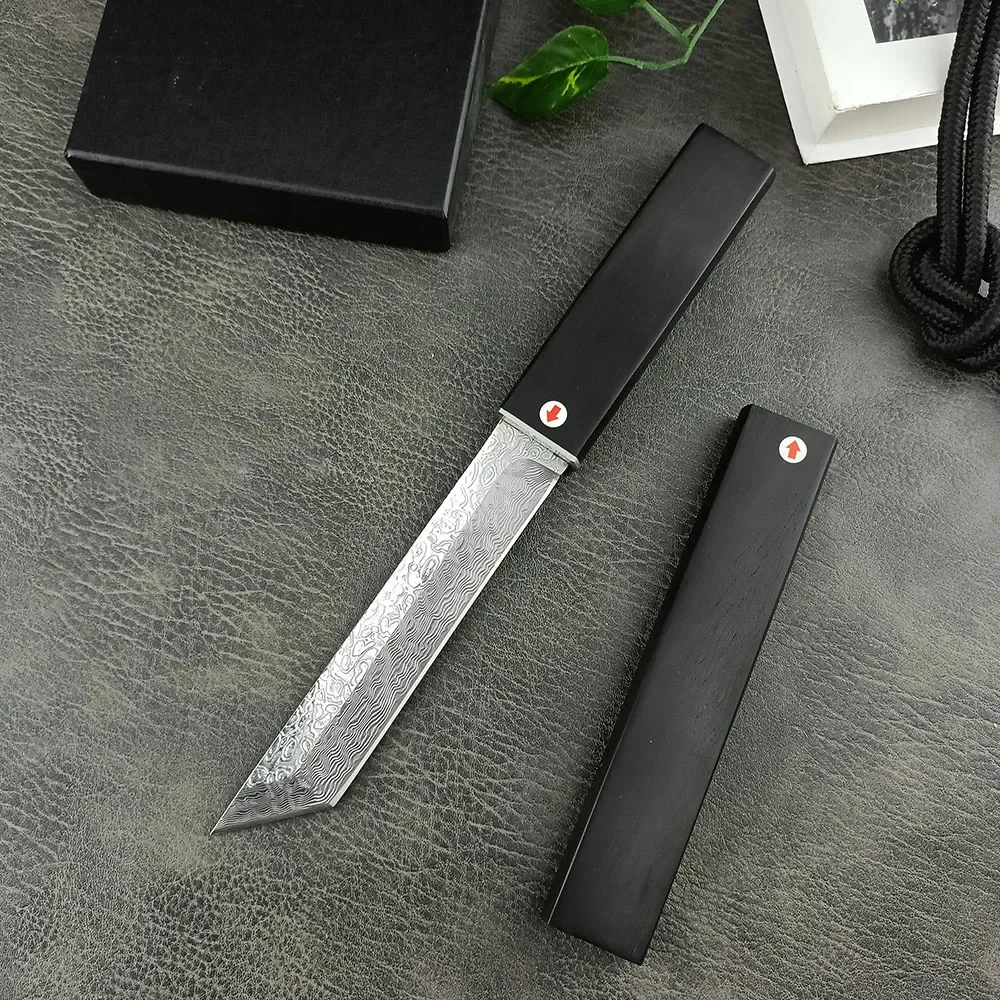 

High Hardness Damascus Steel Tactical Pocket Knife Black Wooden Handle and Sheath Outdoor EDC Folding Kinfe for Camping Hiking