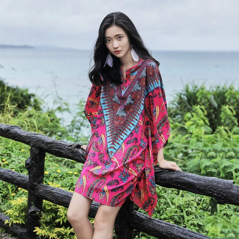 

Beach Dress women's Plus Size Chiffon Dress Ethnic Style Short Dress Holiday Resort Dress Women National Dress