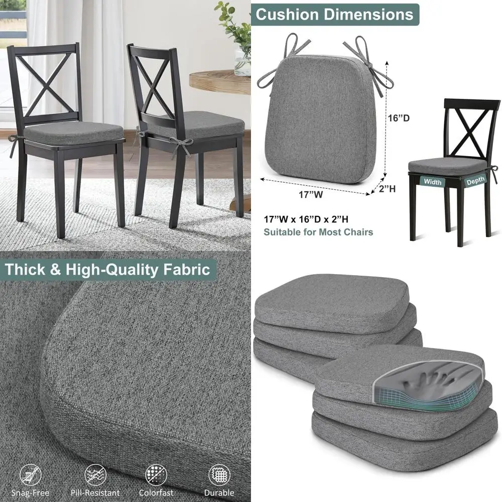 

Set of 6 Memory Foam Chair Cushions with Ties, Washable Covers, 17x16x2 inches, Dark Grey