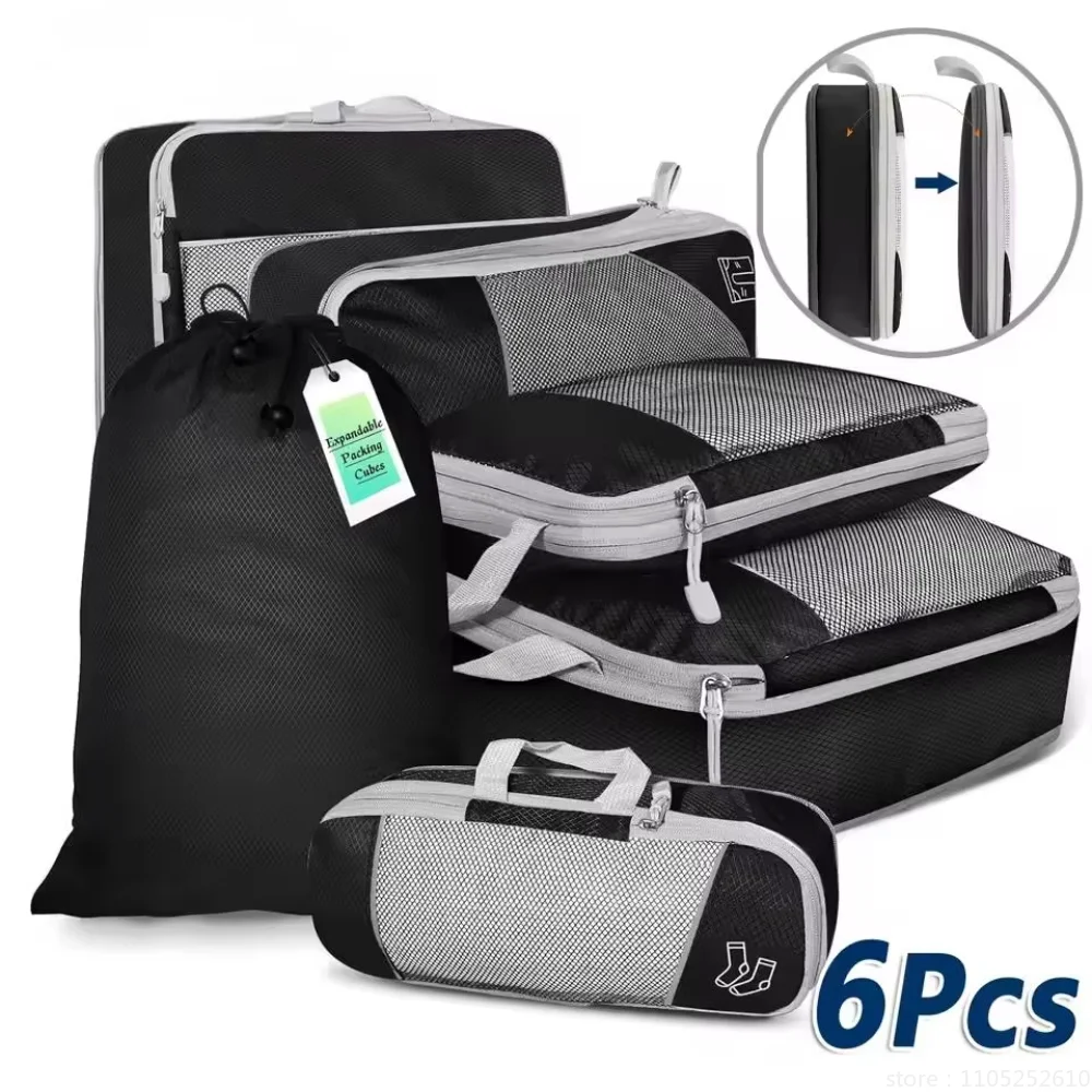 6Pcs Travel Compressed Packing Cubes Storage Organizer Set With Shoe Bag Mesh Visual Luggage Portable Lightweight Suitcase Bag