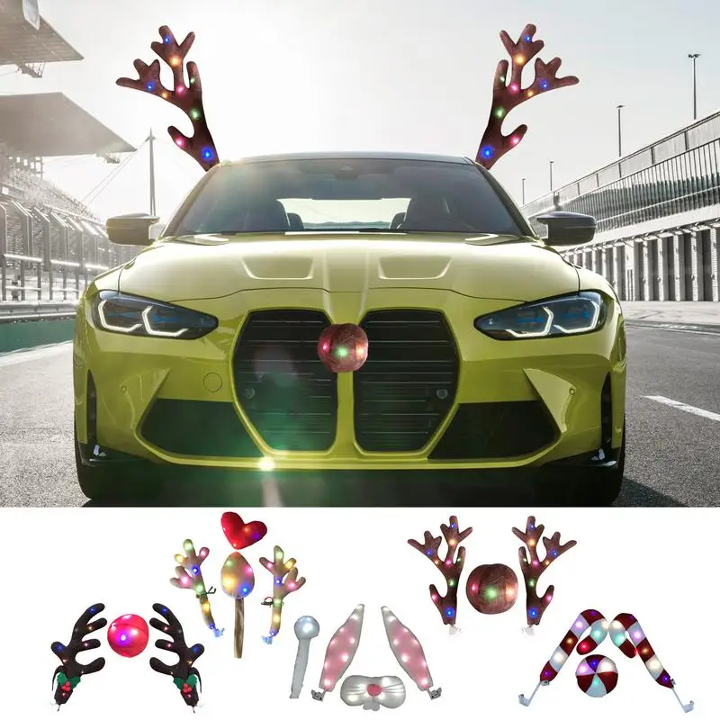 Christmas Car Reindeer Antler Kit  Reindeer Antlers and Nose with Led Lights Car Reindeer Antlers Accessories Auto Decorations