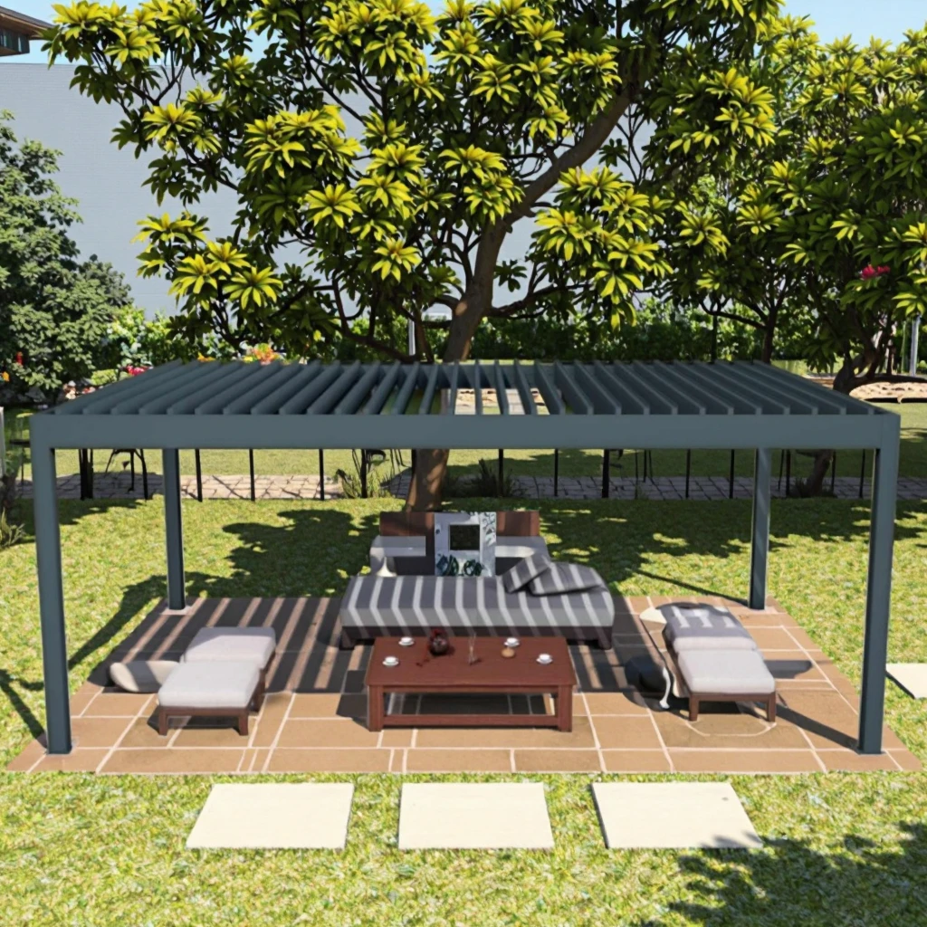 Toit à persiennes d'ombrage d'auvent de patio de pergola motorisé avec lumières LED