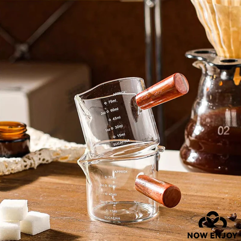 1pc Glass Measuring Cup Wood Handle Glass Espresso Measuring Cup Double Single Mouth Milk Coffee Clear Mug Coffee Supplies