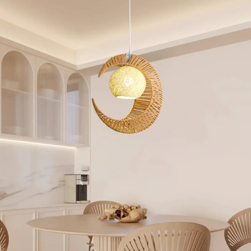 Lámpara colgante de Luna creativa japonesa, lámpara LED tejida a mano con cuerda de cáñamo, casa de té, cafetería, Bar, mostrador, estudio, lámpara colgante de espíritu Zen