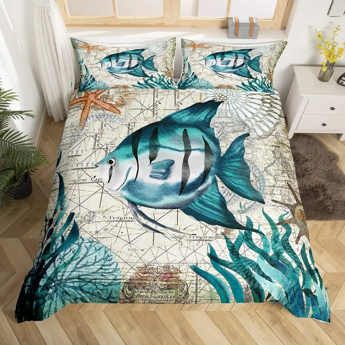 Teal Comforter Cover King Queen Ocean Spanish Mackerel Duvet Cover Nautical Underwater World Marine Life Polyester Bedding Set