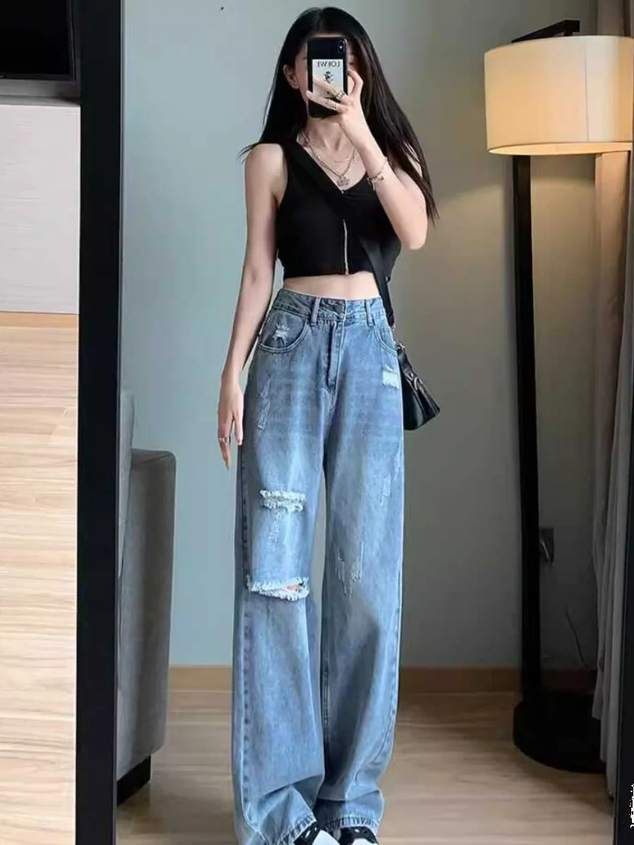 

Summer Thin High Waist Wide Leg Loose plus Size Women's Jeans Hollow out Straight Long Trousers Casual Slimming Denim Jeans