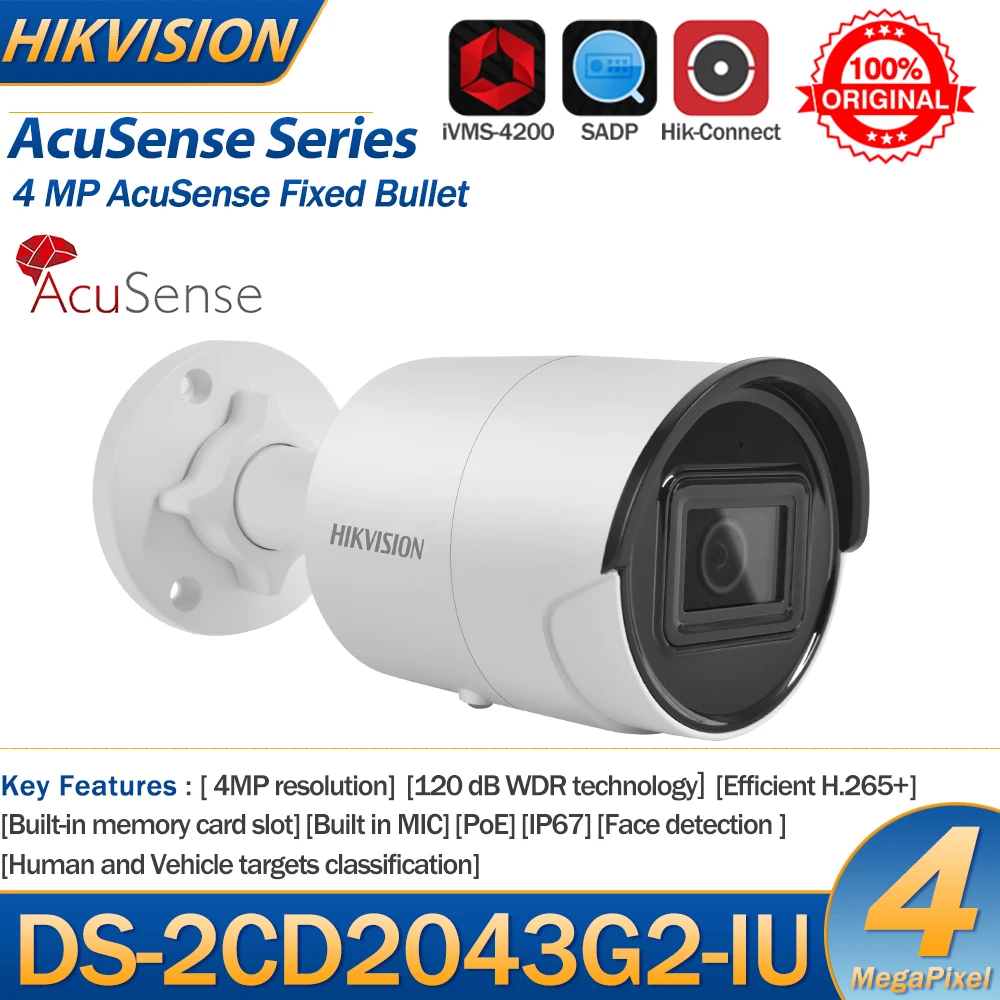 

Hikvision IP Camera 4MP Bullet DS-2CD2043G2-IU AcuSense IR PoE Human Vehicle Classification Built in MIC SD Card Slot IP67