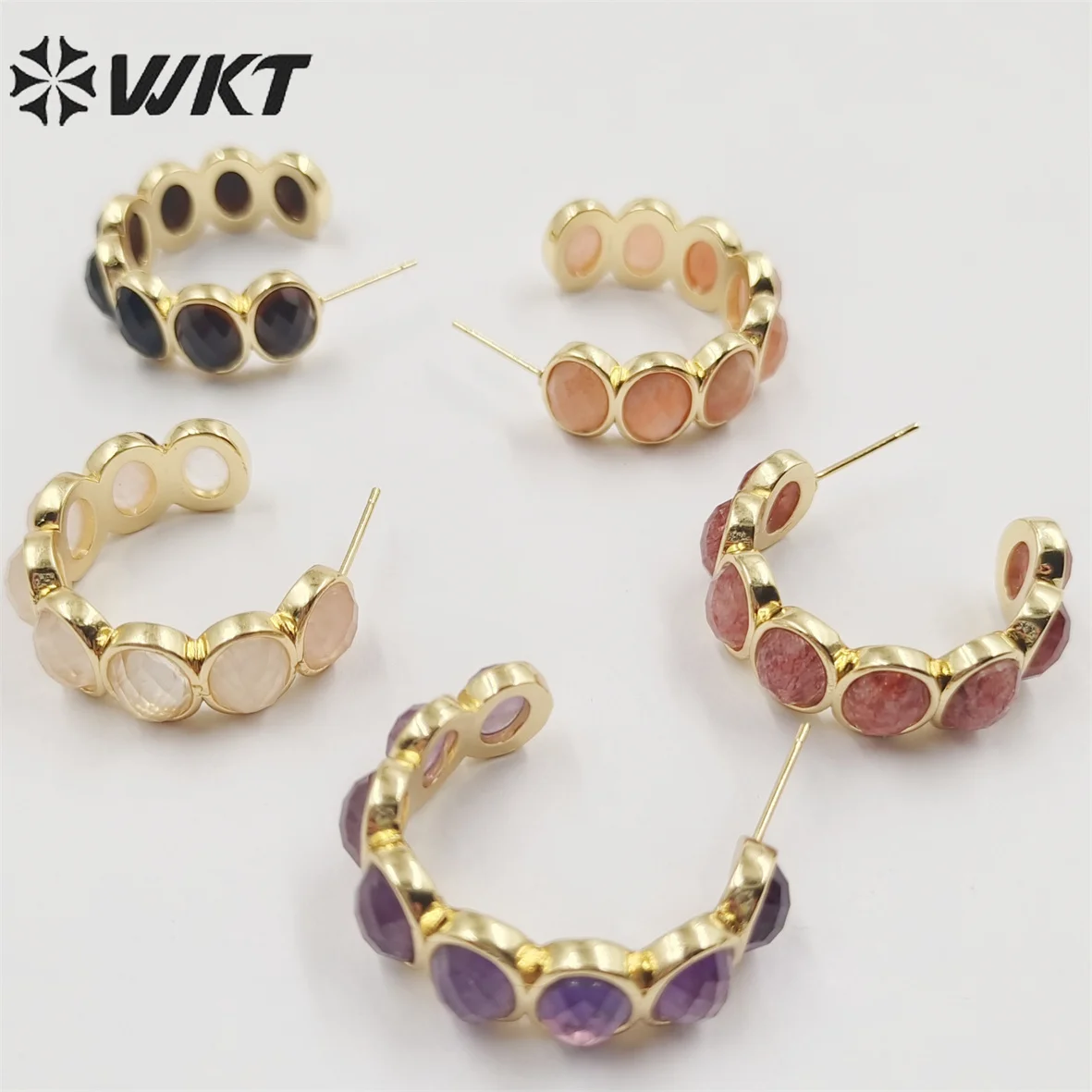 WKT-E707  WKT 2022 exquisite style black obsidian&rose quartz&sun stone&amethyst&strawberry quartz gold-plate earrings gift