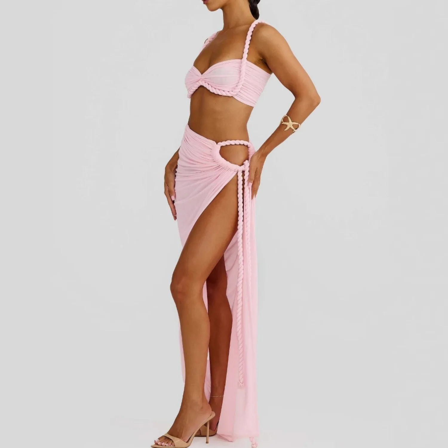 シスタースター女性の快適なセクシーなファッションビーチ水着卸売織ホルタートップスプリットスカート休暇ツーピースセット