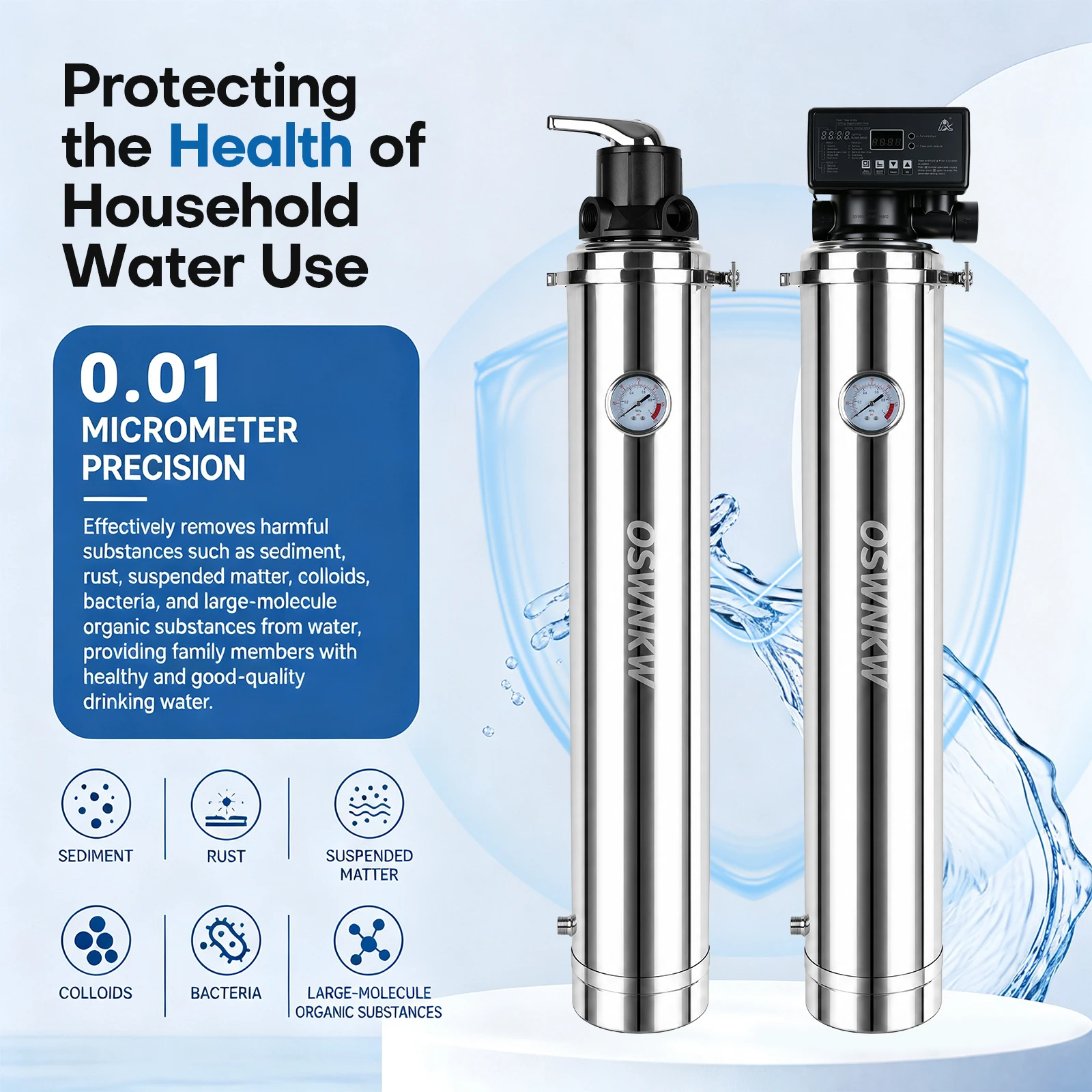 Whole House 8000L/H High Flow Backwashable Water Filter System,  Manual & Auto Valve Options, Whole Home Sediment Purifier