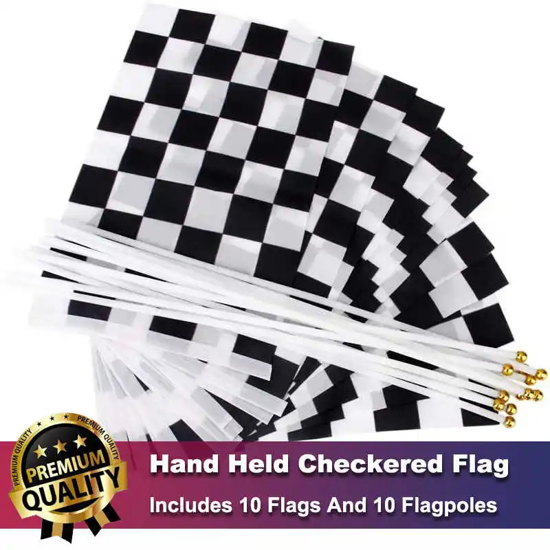 10PCS Checkered F1 Flag Auto Racing Car Sport Small 14x21cm Polyester Chequered Printed Mini Handheld Stick Flags And Flagpoles