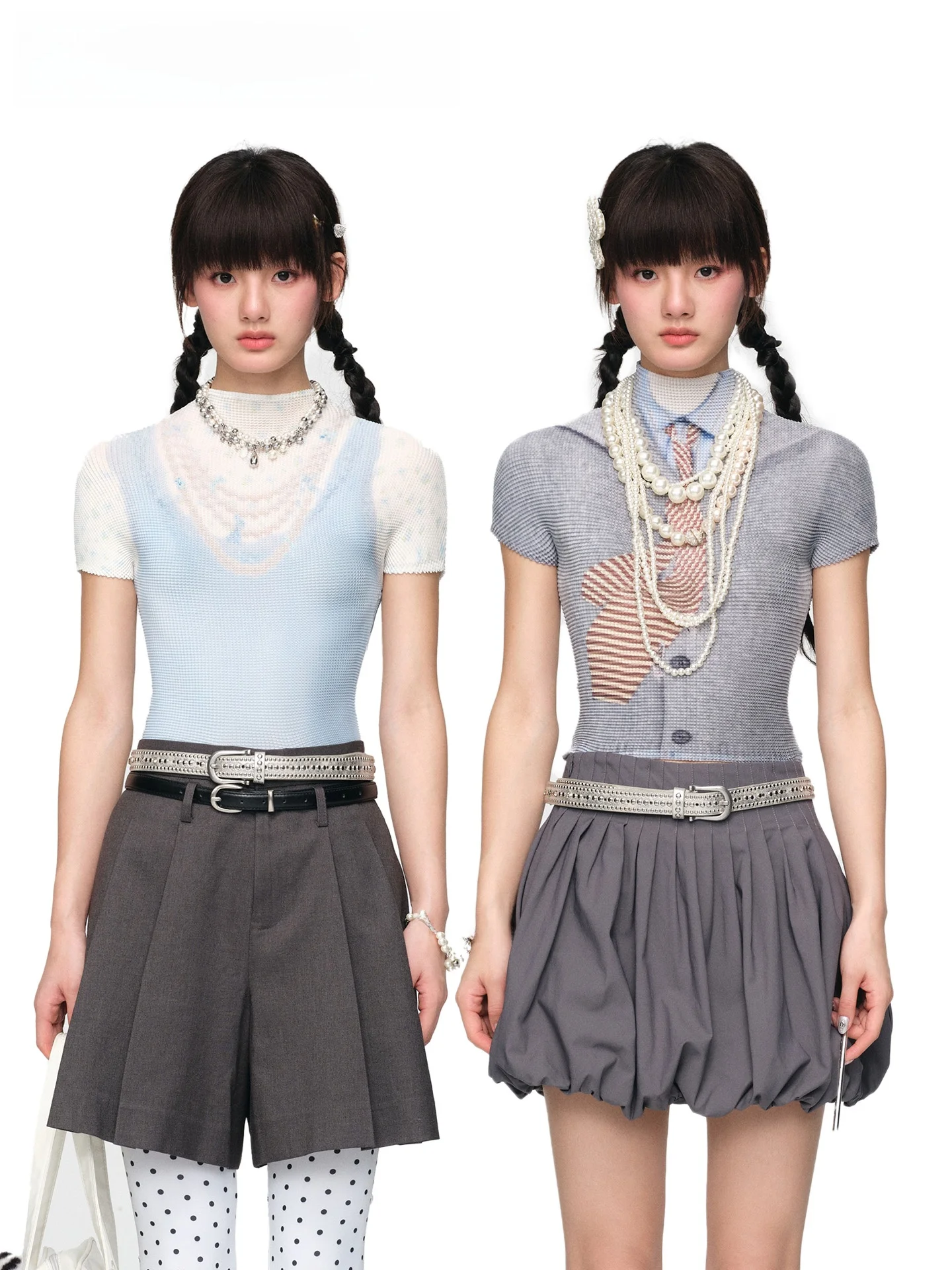 

MOF Girl Wang Ju Pleated Top Fake Two-Piece Series Cool Feeling Short Sleeve T-Shirt Women's Fashion Summer Polyester round Neck