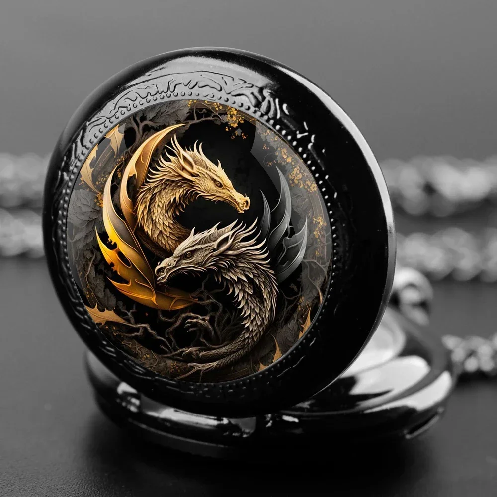 

Yin-Yang Dragon Design Glass Dome Quartz Pocket Watch with Chain Fashion Accessory Arabic Necklace Pendant Clock Men Women Gifts