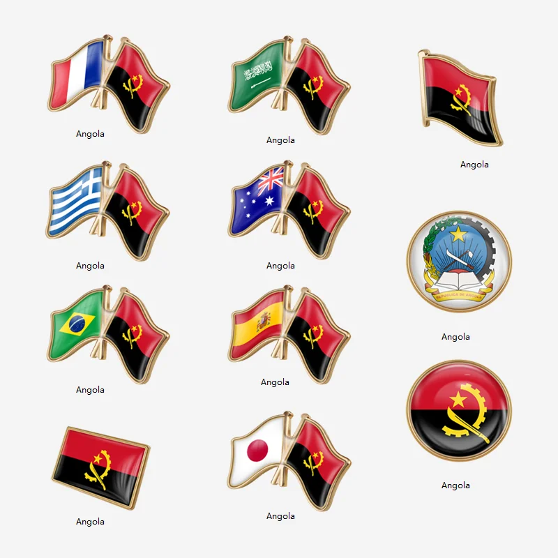 Alfileres de solapa con bandera de Angola, insignia de bandera del país natural, España, Brasil, Grecia, Japón, Francia, Arabia Saudita, broche de amistad cruzada