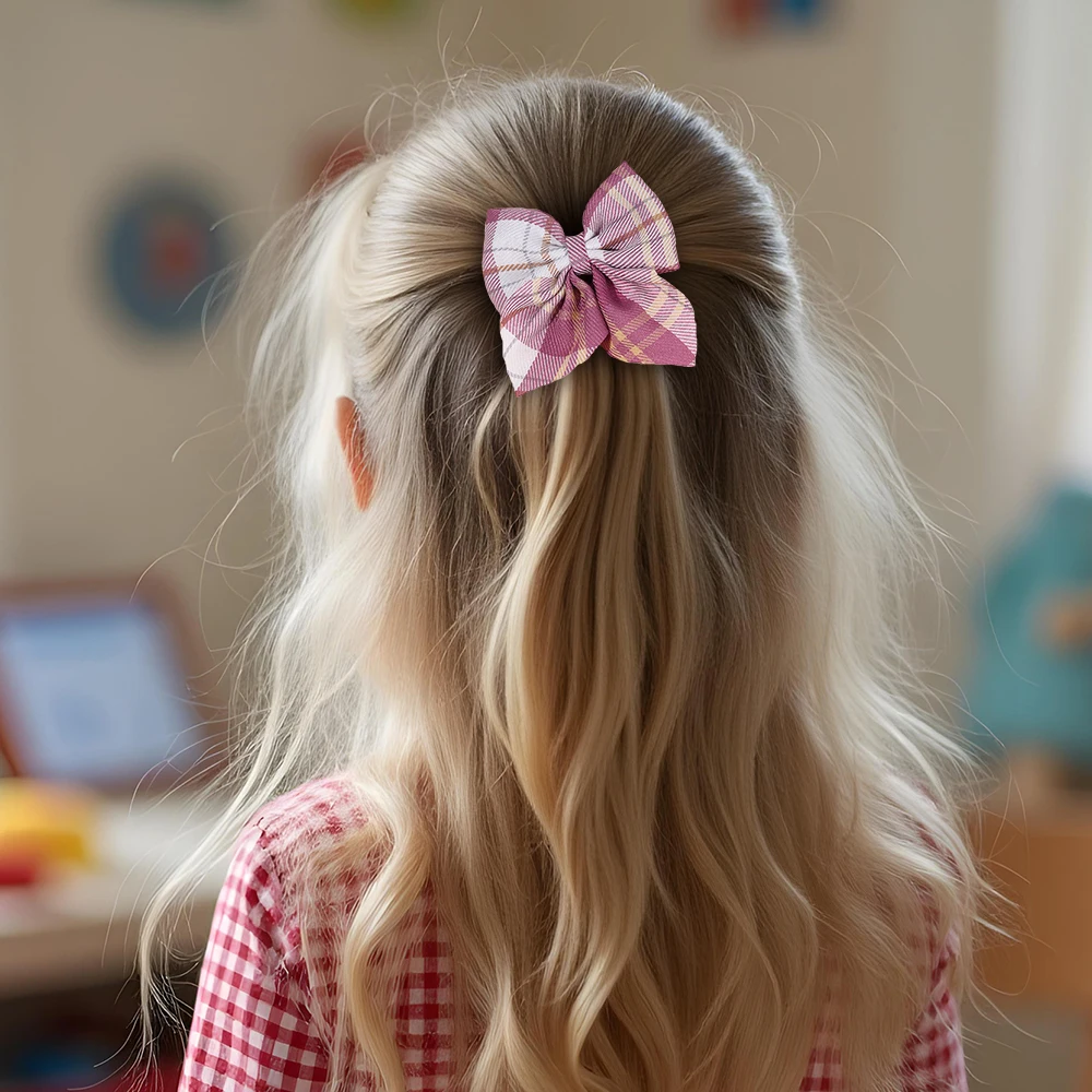 8Pcs Korean Plaid Bow Hair Clips For Baby Girls Sweet Retro Small Bownot Hairpins Kids Daily Trendy Headdress Hair Accessories