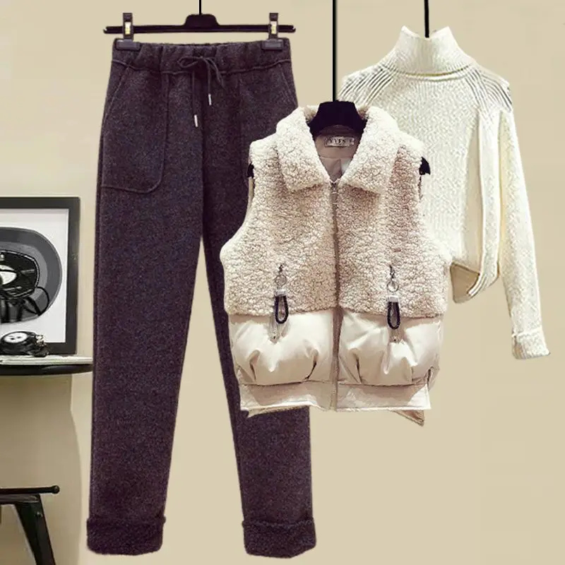 Autumn and Winter Women\'s Suit Lamb Wool Vest Thickened Cashmere Sweater High Waist Casual Woolen Trousers Three Piece Set