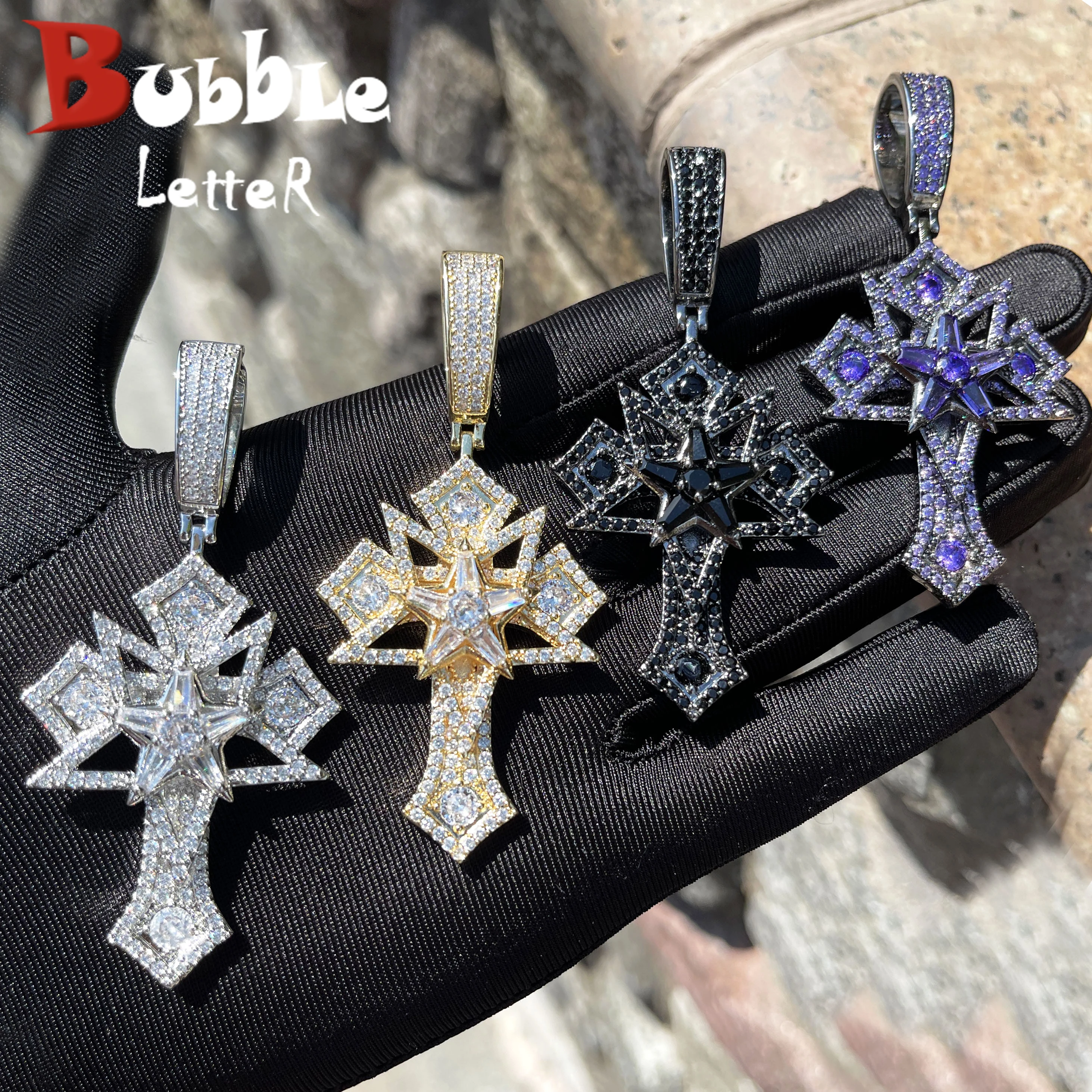 

Bubble Letter Iced Out Star Cross Necklace Pendant for Men Prong Setting Cubic Zirconia Hip Hop Jewelry