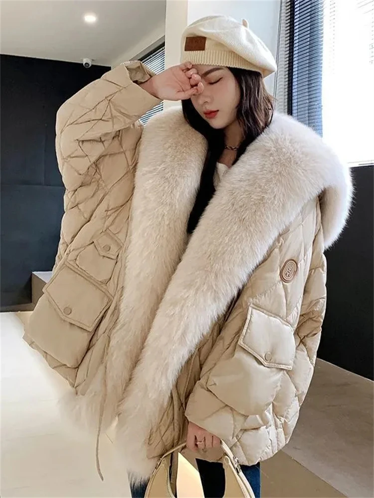 Faux Fox Fur Collar Cotton Padded Parkas Diamond Plaid Thicken Jackets Winter Loose Women Coats Korean Fashion Warm Chaquetas