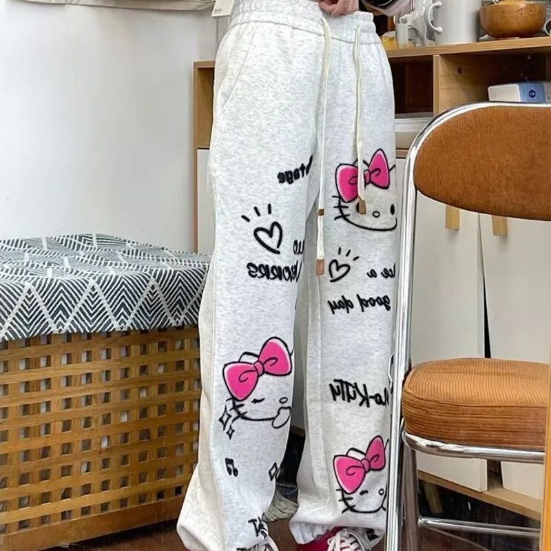 Y2k New Hello Kitty Grey Streetwear Sweatpants for Women\'s Spring and Autumn Graffiti Sports Straight Tube Loose Wide Leg Pants