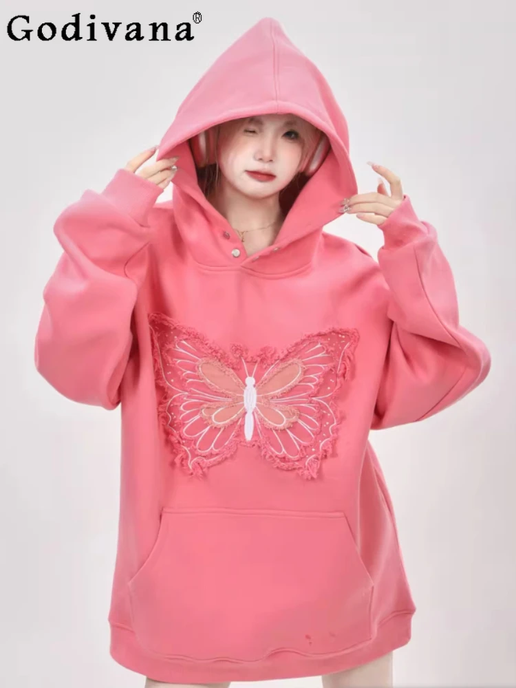 

Spring Autumn New American Embroidered Butterfly Grey Hooded Sweater Fashion Versatile Loose Long Sleeve Korean Pullover Tops