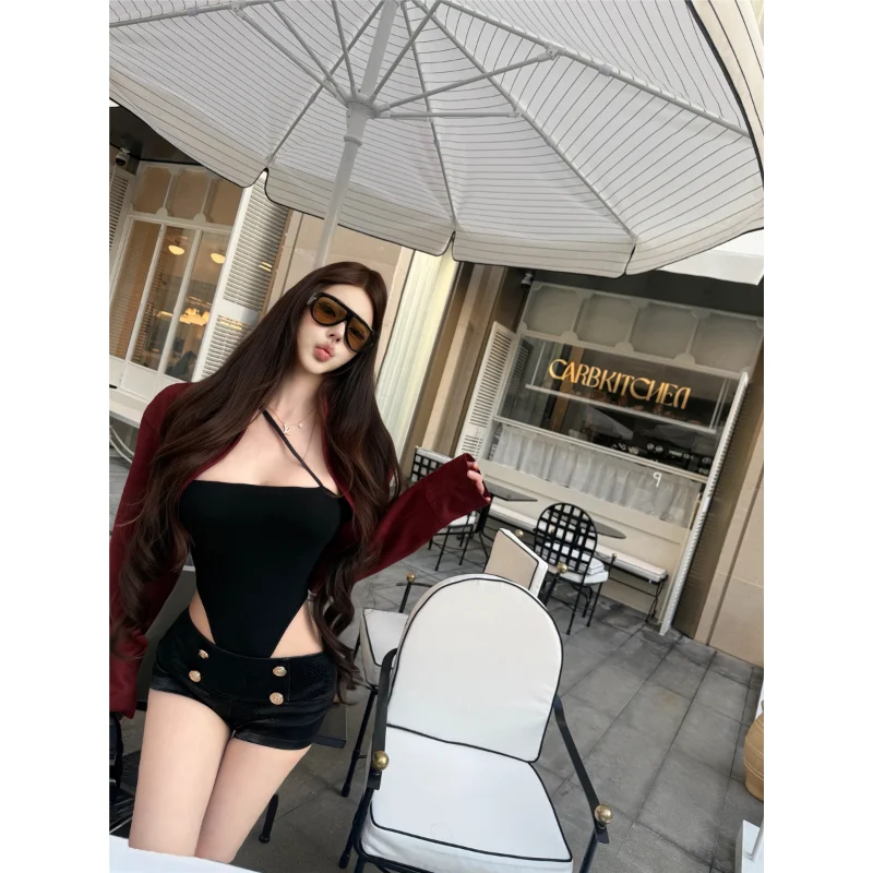 Pure Desire Elastic Inner Wear Shoulder Connected Jumpsuit Neck Hanging Vest Casual Style round Neck Polyester Fiber Vest