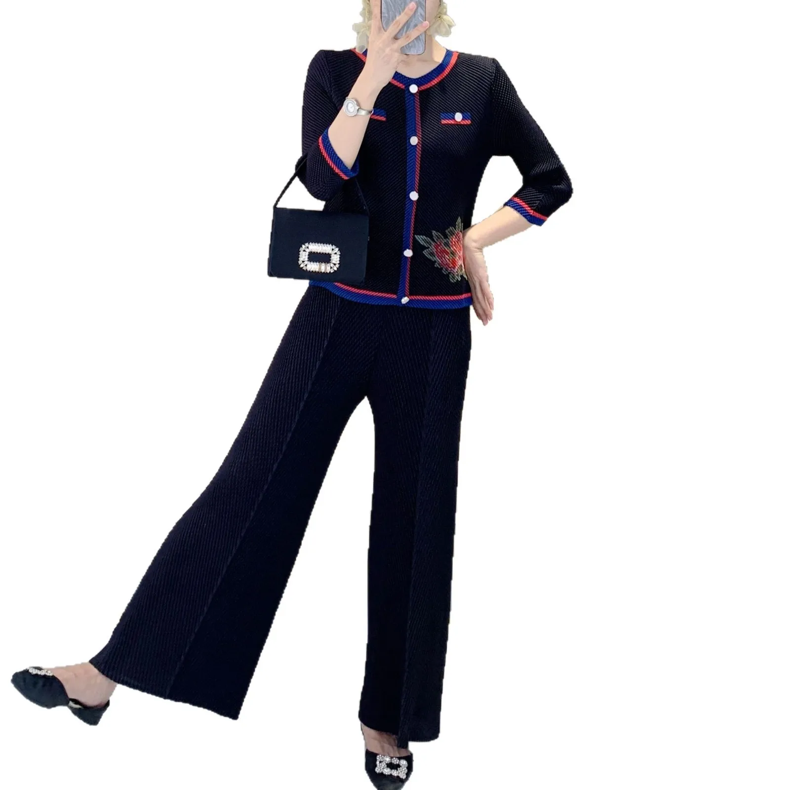 Miyake Summer Women's Casual Suit Fashionable, Comfortable, Simple and Elegant, Slim and Thin, High Elastic Two-piece Set