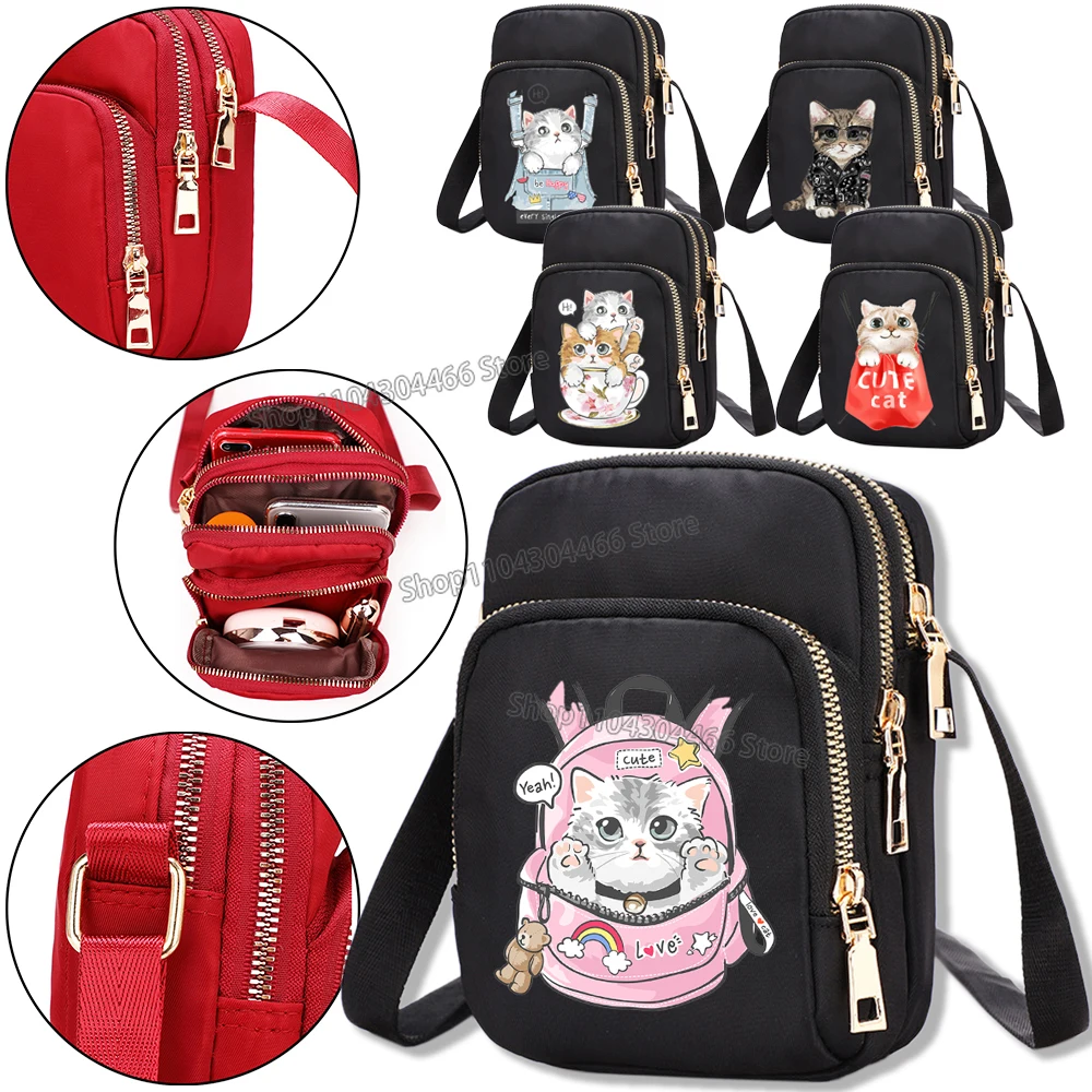 Cute Cat Bag for Women Cell Phone Purse Crossbody Nylon Bags Shoulder Strap Handbag for Female Teenagers Underarm Square Bag New