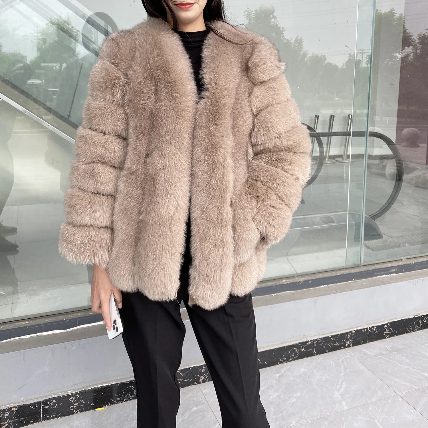 Real Fur Coat Women Winter Fashion Natural Fox Fur Jacket Deep V