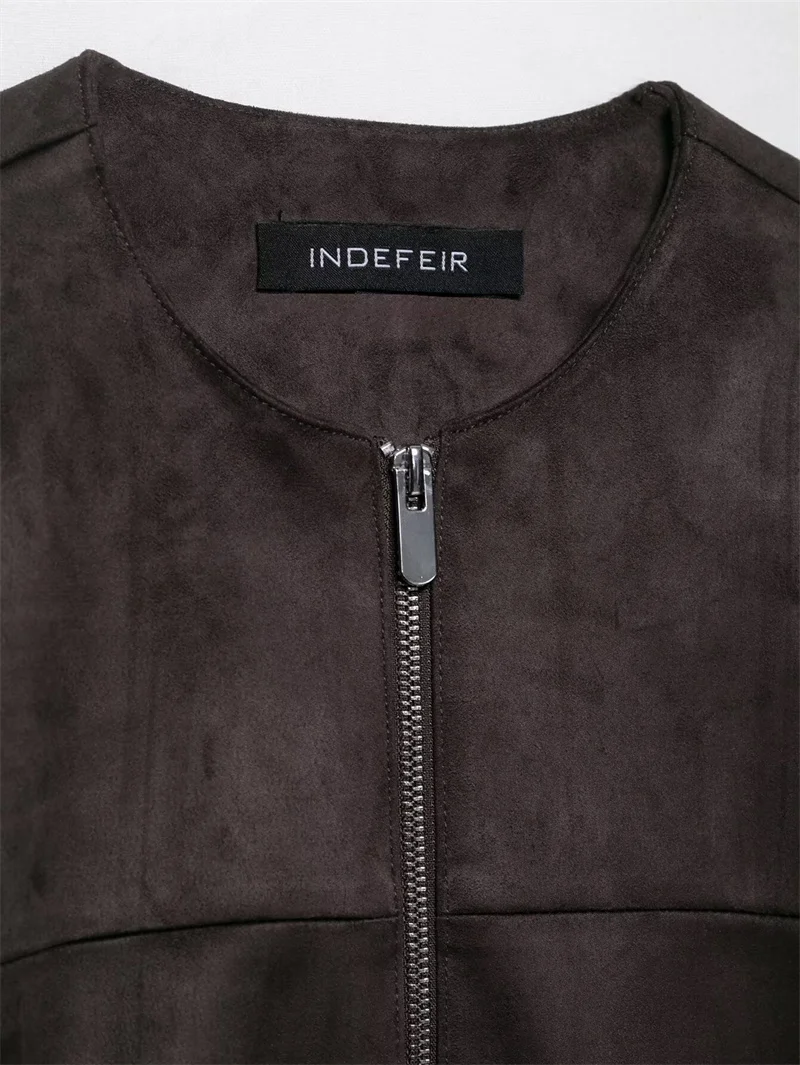 Damenjacke 2025, neue Jacke mit Wildledereffekt aus Kunstleder, Frühling und Herbst, Rundhalsausschnitt, Street-Vintage-Damenoberteil