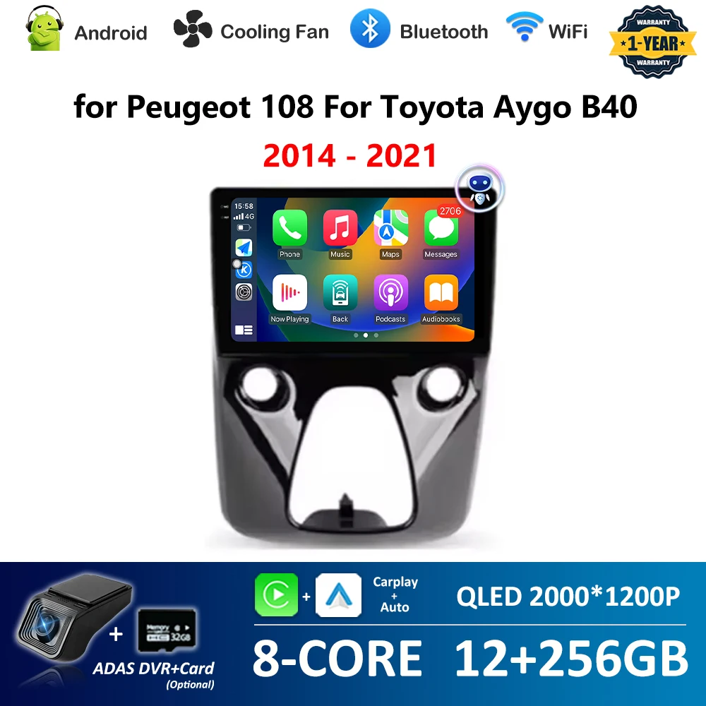 10'' Android OS for Peugeot 108 for Toyota Aygo B40 2014 - 2021 GPS Navi BT Car Radio Video Multimedia Player WiFi Carplay 4G