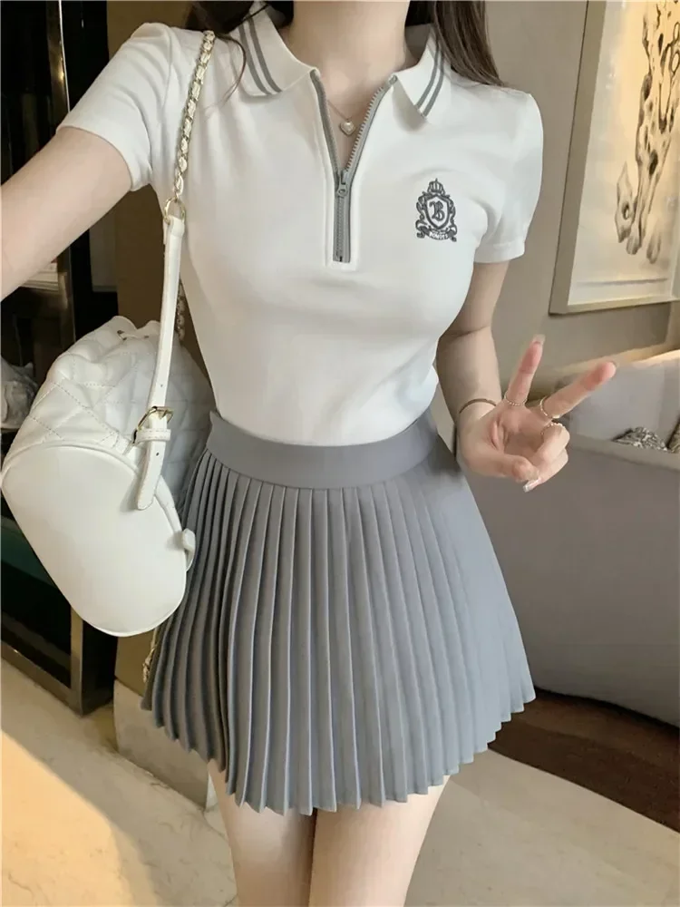 

Fashion Tennis Wear Outfits Women 2 Piece Dress Sets Short Sleeve White T Shirt Top&Pleated Mini Skirt 2pc Student Girl Suits