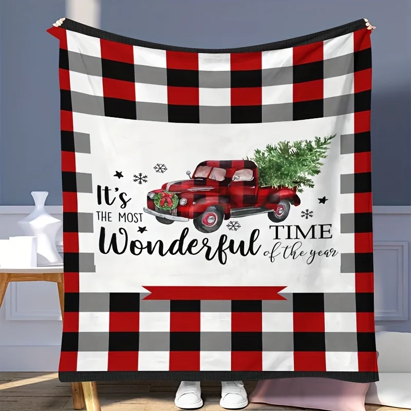 Soft and Warm Hypoallergenic Red and Black Buffalo Plaid Flannel Christmas Theme Throw Blanket,Cartoon with Christmas Tree Print