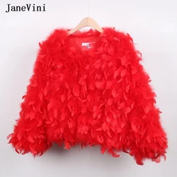 JaneVini Luxury Red Wedding Bolero Faux Fur Coat Bridal Shawl Wrap with Sleeve Ostrich Feathers Women Jacket Evening Party Cloak