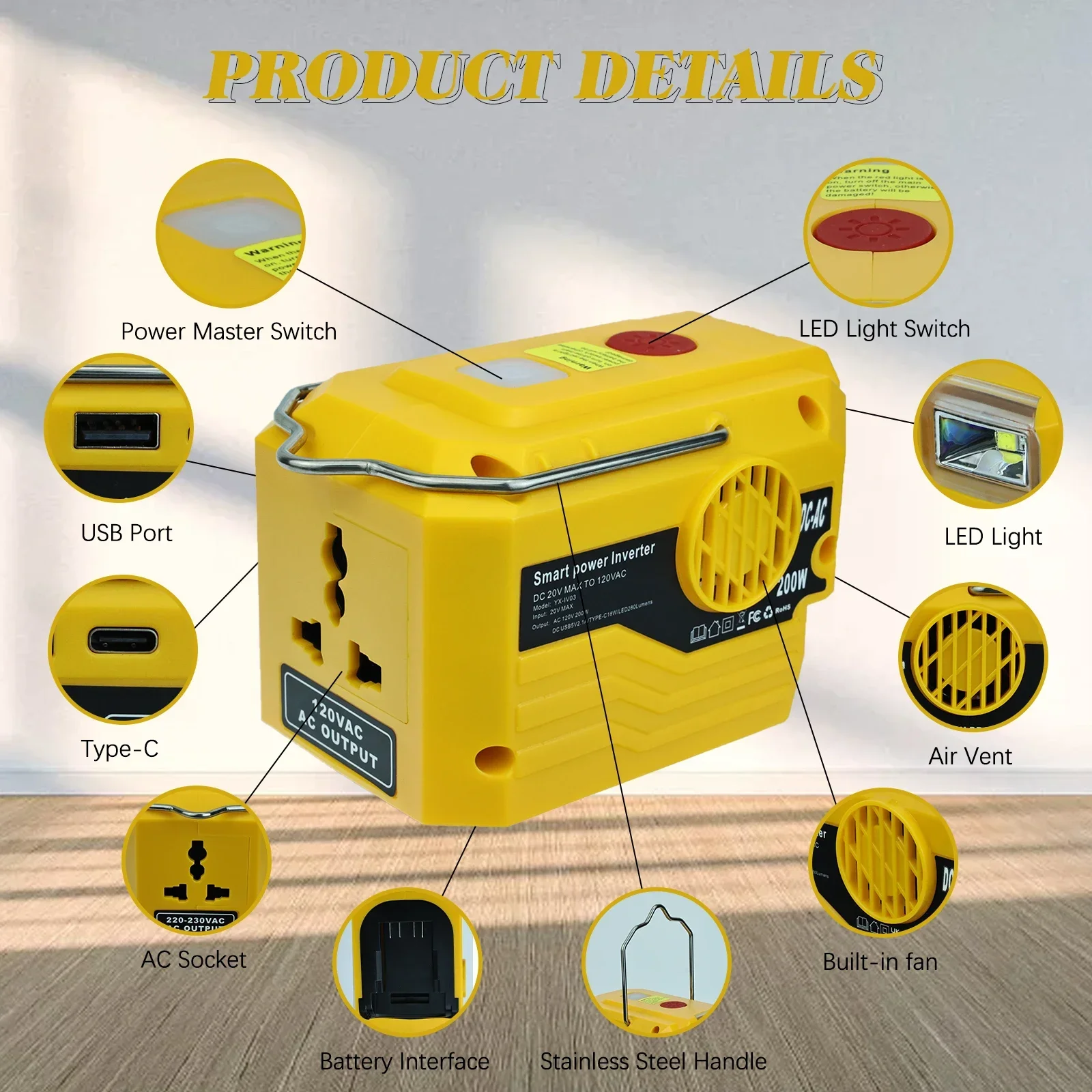 200W Portable Power Inverter 220V Outdoor Mobile Lithium Battery Inverter with LED Light for Dewalt 18V 20V Li-ion Battery