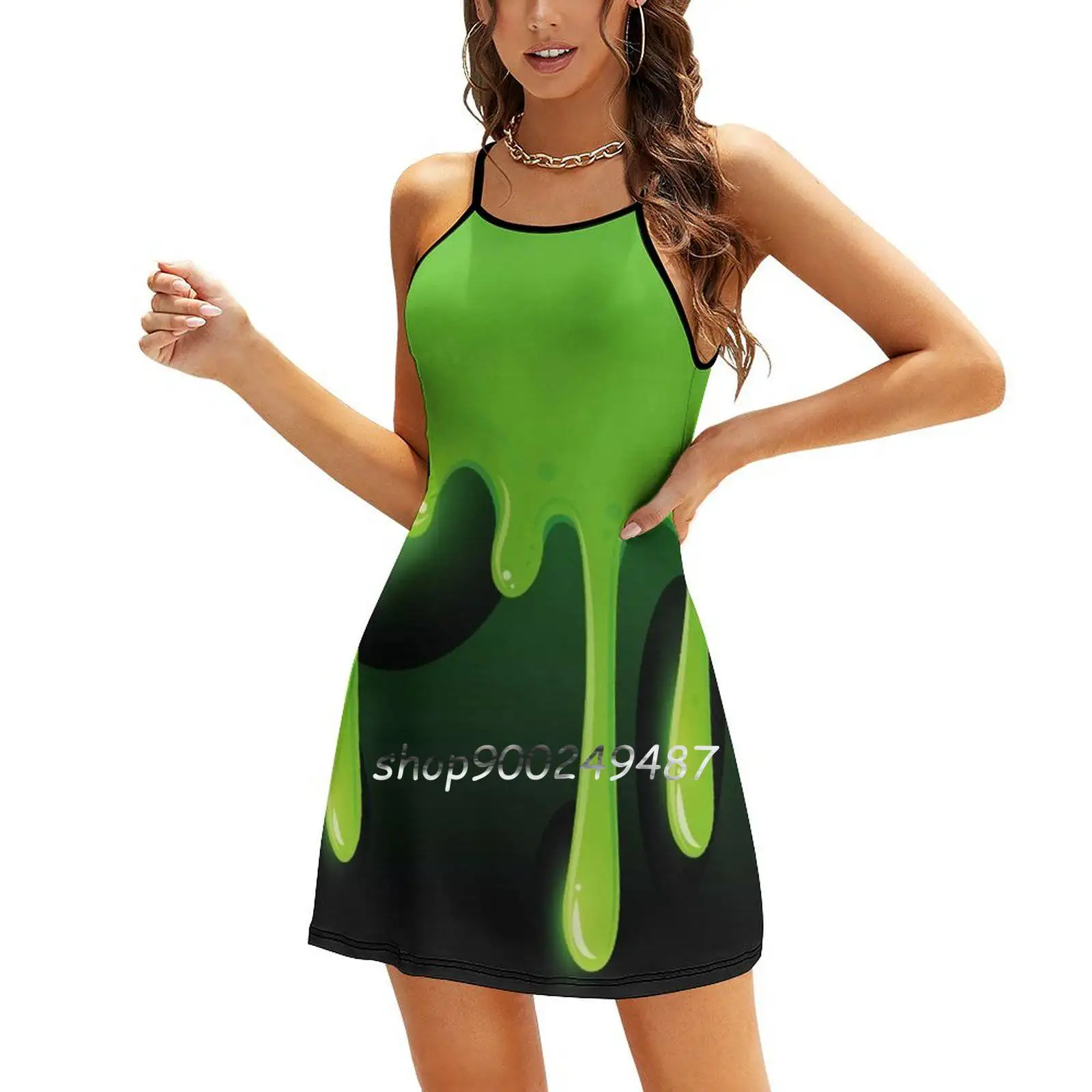 Acid Green Slime Square Neck Dress Cute Loose Print Dresses Elegant Beach Party Dress Acid Green Slime Slime Acid Green Lime