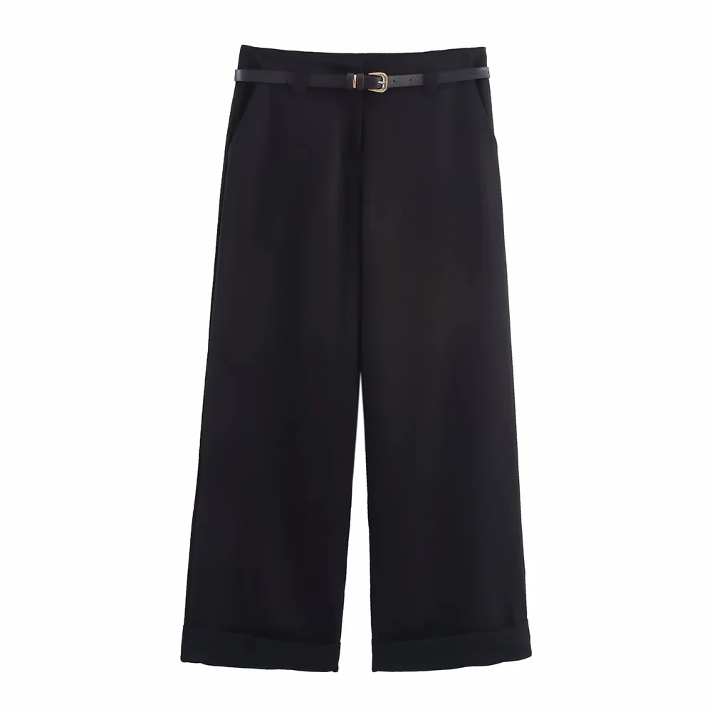 新しい女性の服装スタイルは、ベルトとロールエッジが特徴のシンプルなカジュアルなストレートレッグパンツです。