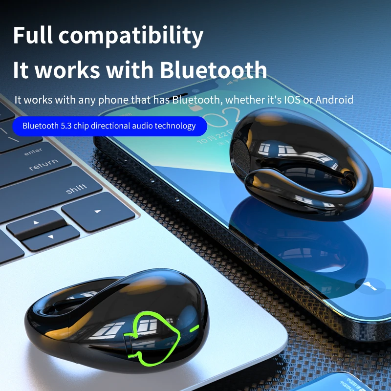 Ear Clip Bluetooth 5.3 Earphones Bone Conduction Ergonomic Lightweight Mini Headphones with Mic Waterproof Sports Hifi Earbuds