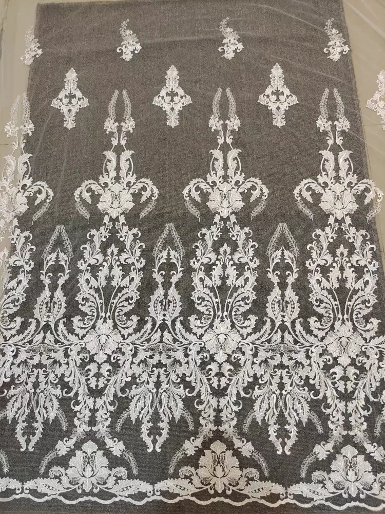 

JZQ Floral Embroidery Lace With Beaded Europe Style Lace Fabric for Wedding Dresses and Garments