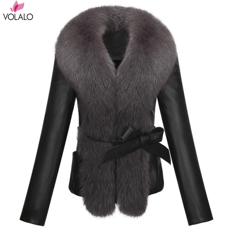 VOLALO New 2024 Winter Fur Coat Faux Fur Rabbit Fur Fox Fur Collar Long Leather Women Large Size Coat Outwear