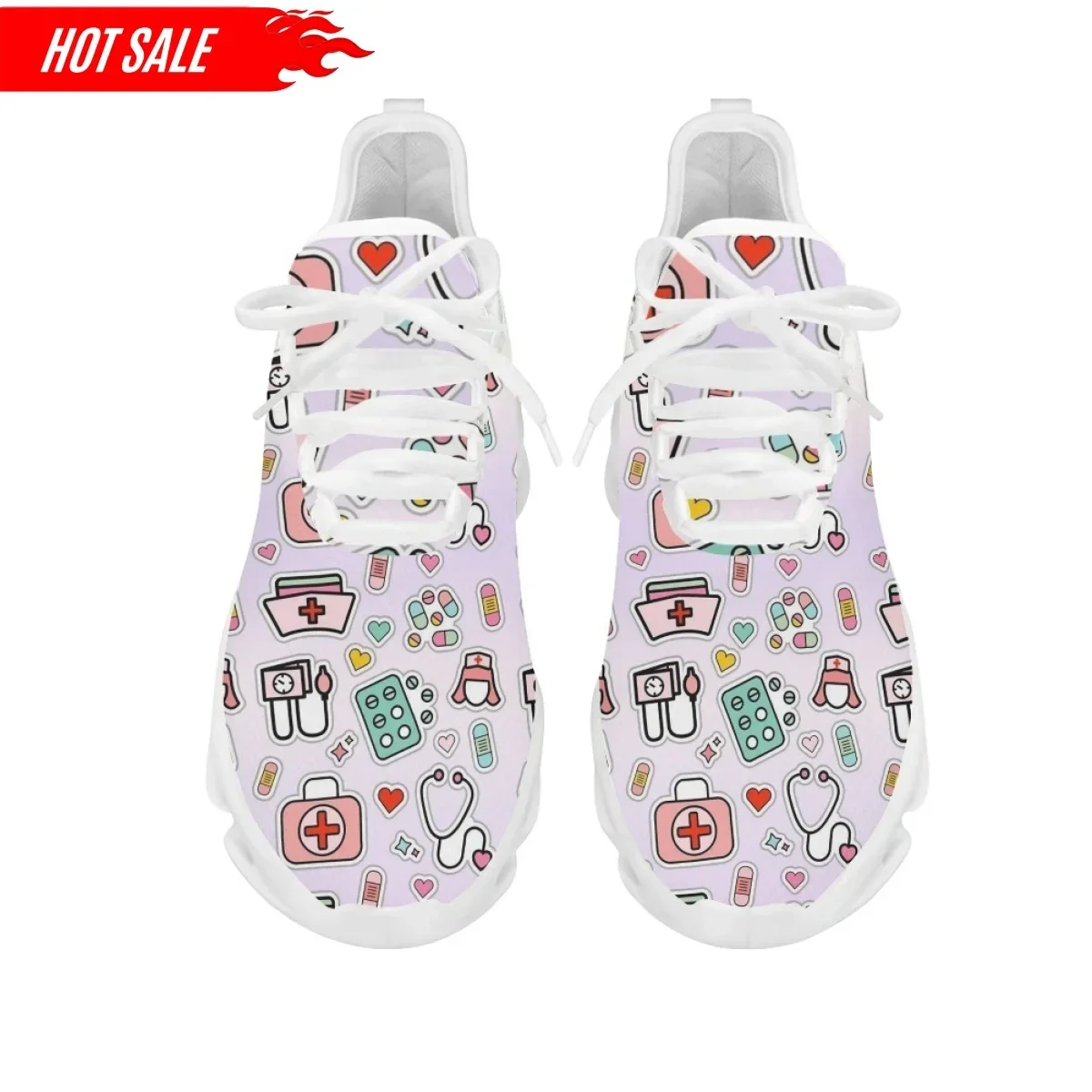 Hospital Work Nursing Shoes Lightweight Lace up Cushion Mesh Sneakers for Women Gradient Medical Tool Print Round Tennis Custom